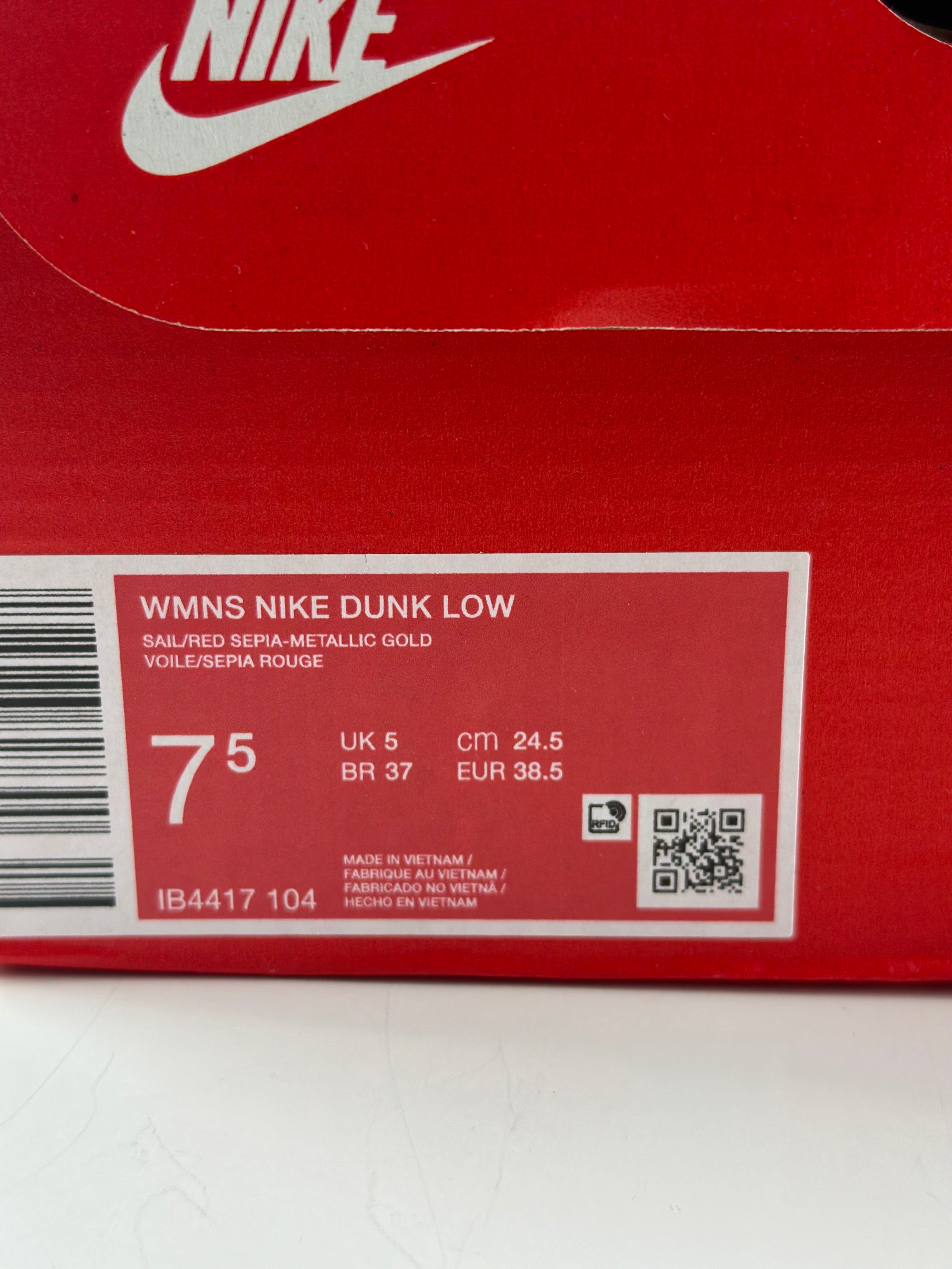 Nike Dunk Low (WMNS) “Sail / Red Sepia / Metallic Gold”